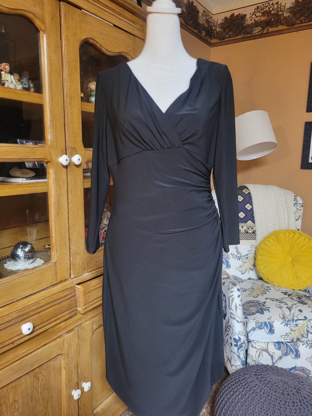Chaps Black Long-Sleeve Faux-Wrap Dress